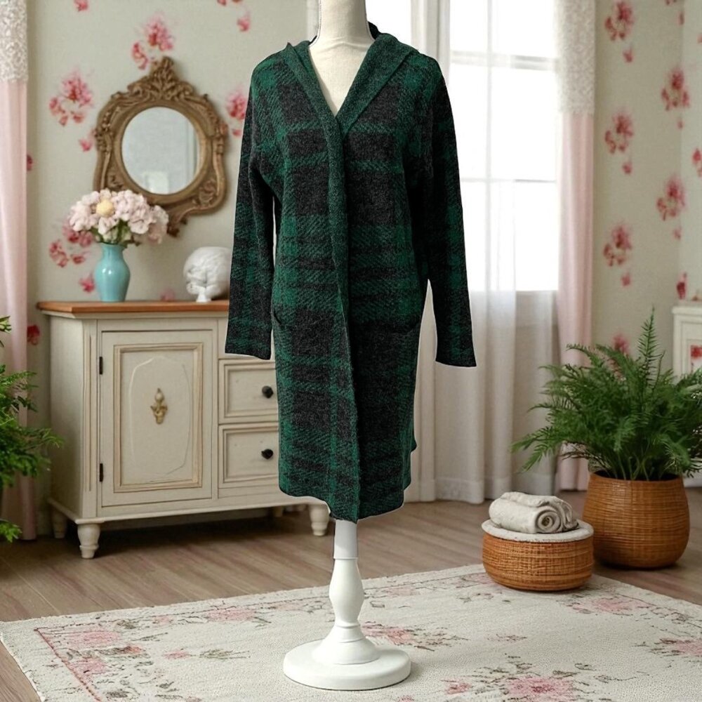 Natural Reflections Hooded‎ Open Front Cardigan Coat Black Green Plaid XL 2023